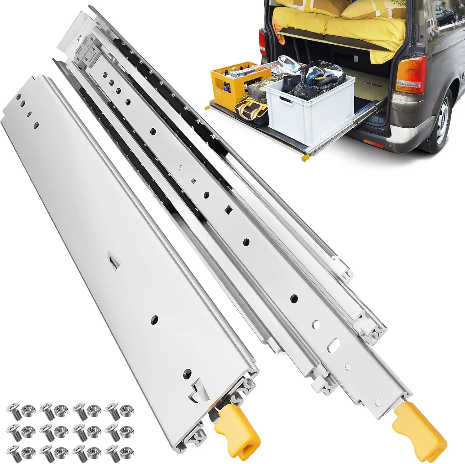 52 Inch Locking Heavy Duty Side Mount Drawer Slides 3-Fold Full Extension Ball Bearing Rails 500LB Load Capacity Drawer Glides for Tool Chest RV Workbench Cabinets, 1 Pair