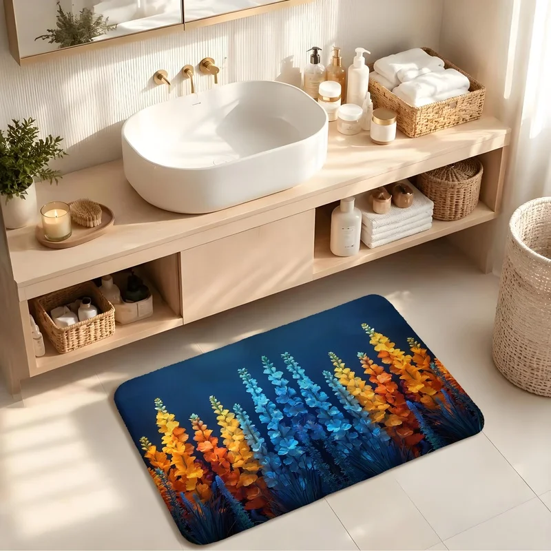 Bath Mat Flannel Sponge Blue Yellow Snapdragon Flower Art For Bathroom Entryway Floor