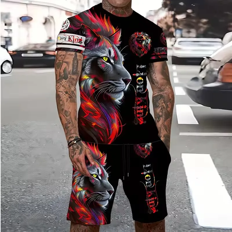 

Fashion Street Hip Hop Lion Pattern Men's Sets Summer Short Sleeve 3D Animal Printed T-Shirts And Shorts Two Piece 6XL Plus Size