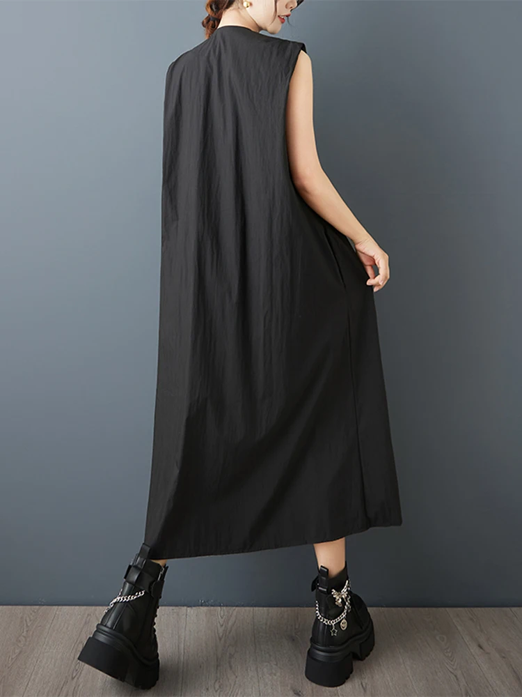 NYFS 2025 Estate Nuovo Allentato plus Size Vintage camicia senza maniche Abito Abito da donna con scollo a V irregolare