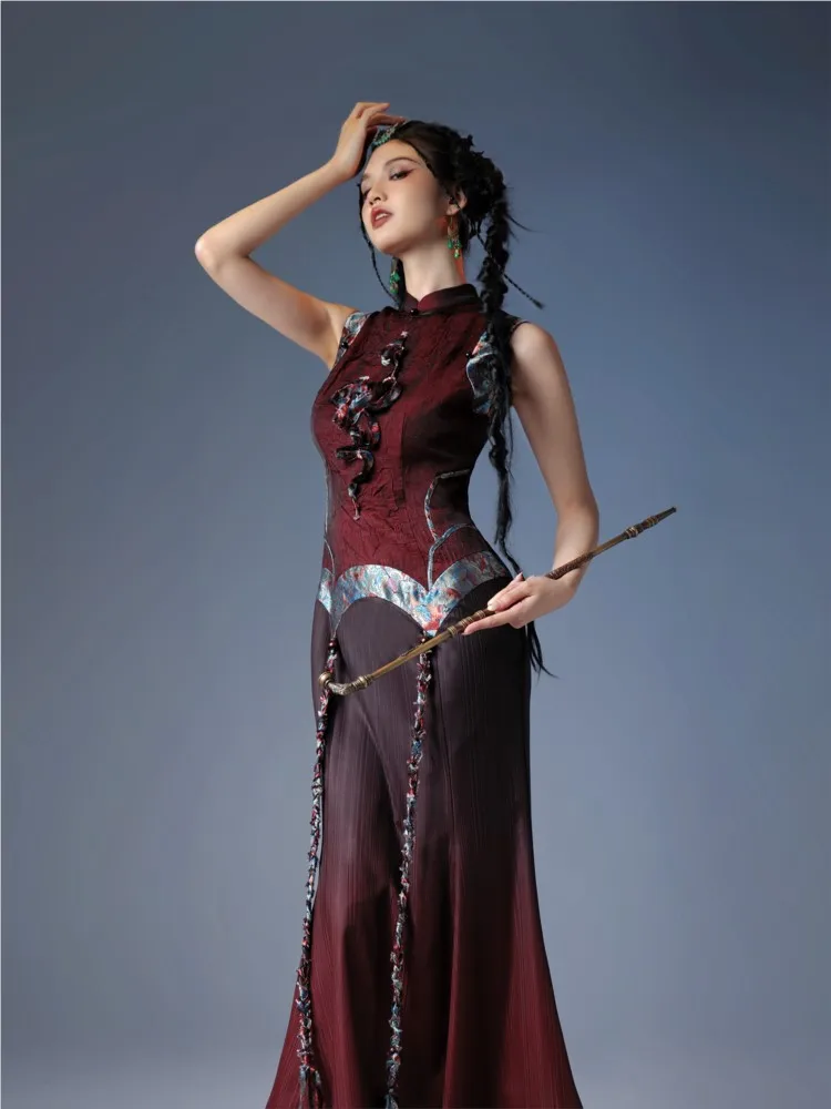 

Тяжелая промышленность в этническом стиле Su накидка с градиентным принтом вязаная юбка Cheongsam с вышивкой на веревке