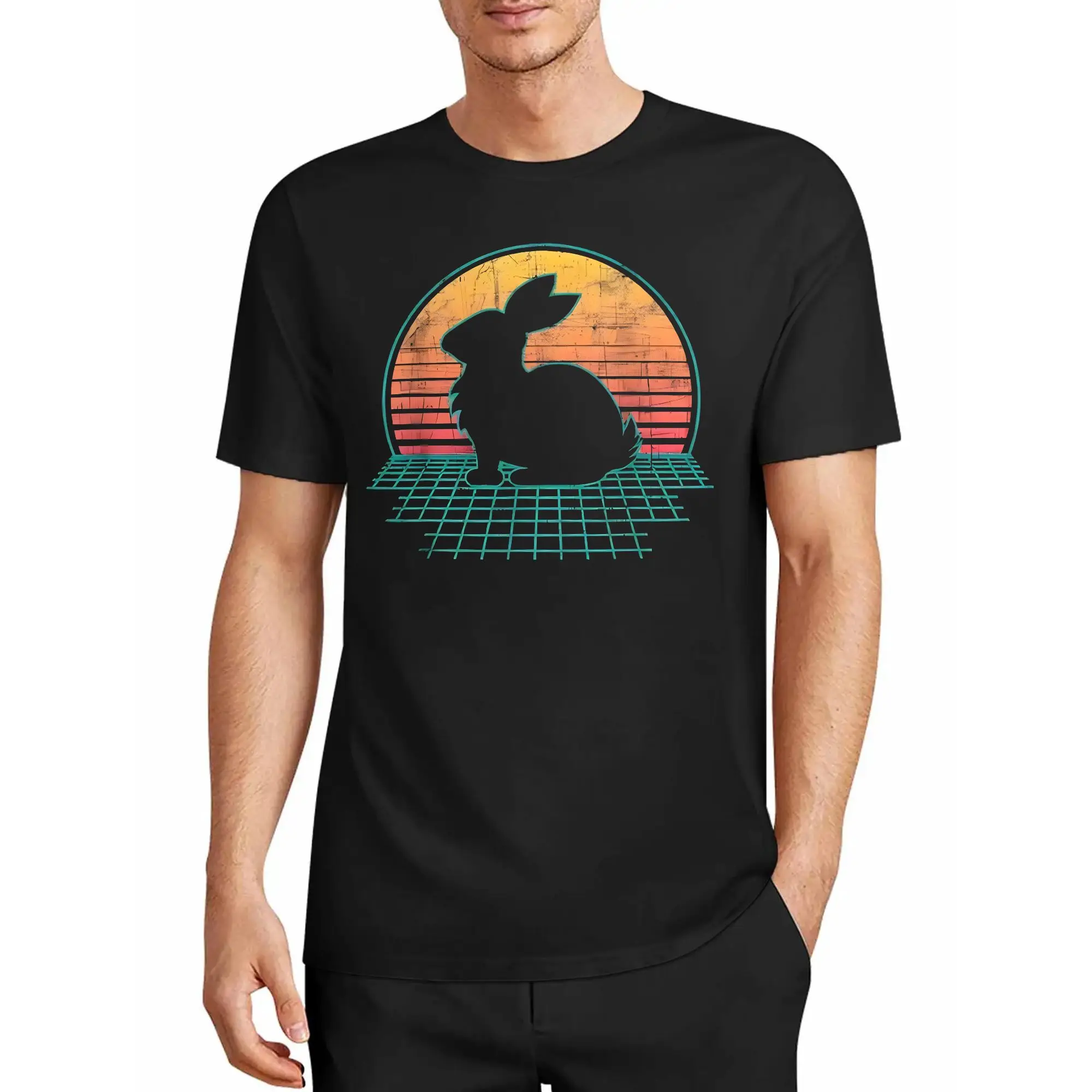 The Sunset Neon Lights Envelop the Silhouette of a Wild Rabbit, Creating a Vintage Grid Pattern That Conjures a Romantic Fantasy of the Old Era. Vaporwave Casual T-Shirt