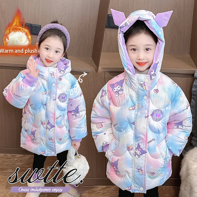 

Sanrios Children Kuromi Thicken Coat Cotton Coat Anime Figure Winter Hooded Cotton Clothes Cardigan Kids Girl Cartoon Kawaii Hot