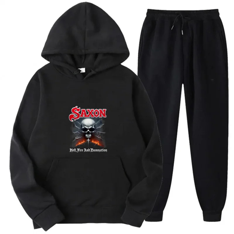 طقم هوديي رمادي + نمط ونص مطبوع عليه شعار فرقة ساكسون #2