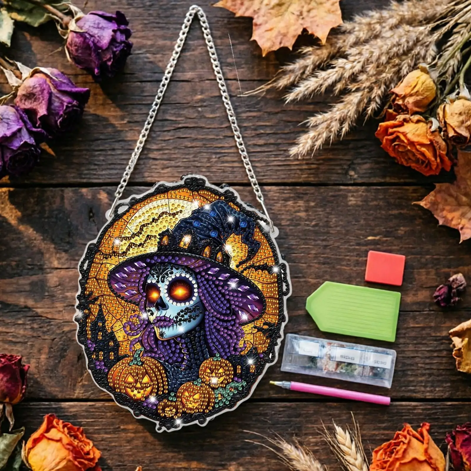 Rhinestone Painting Kit Halloween Witch Crystal Craft Gothic Light Catcher Gem Painting Pendant Window Ornament For Home Front