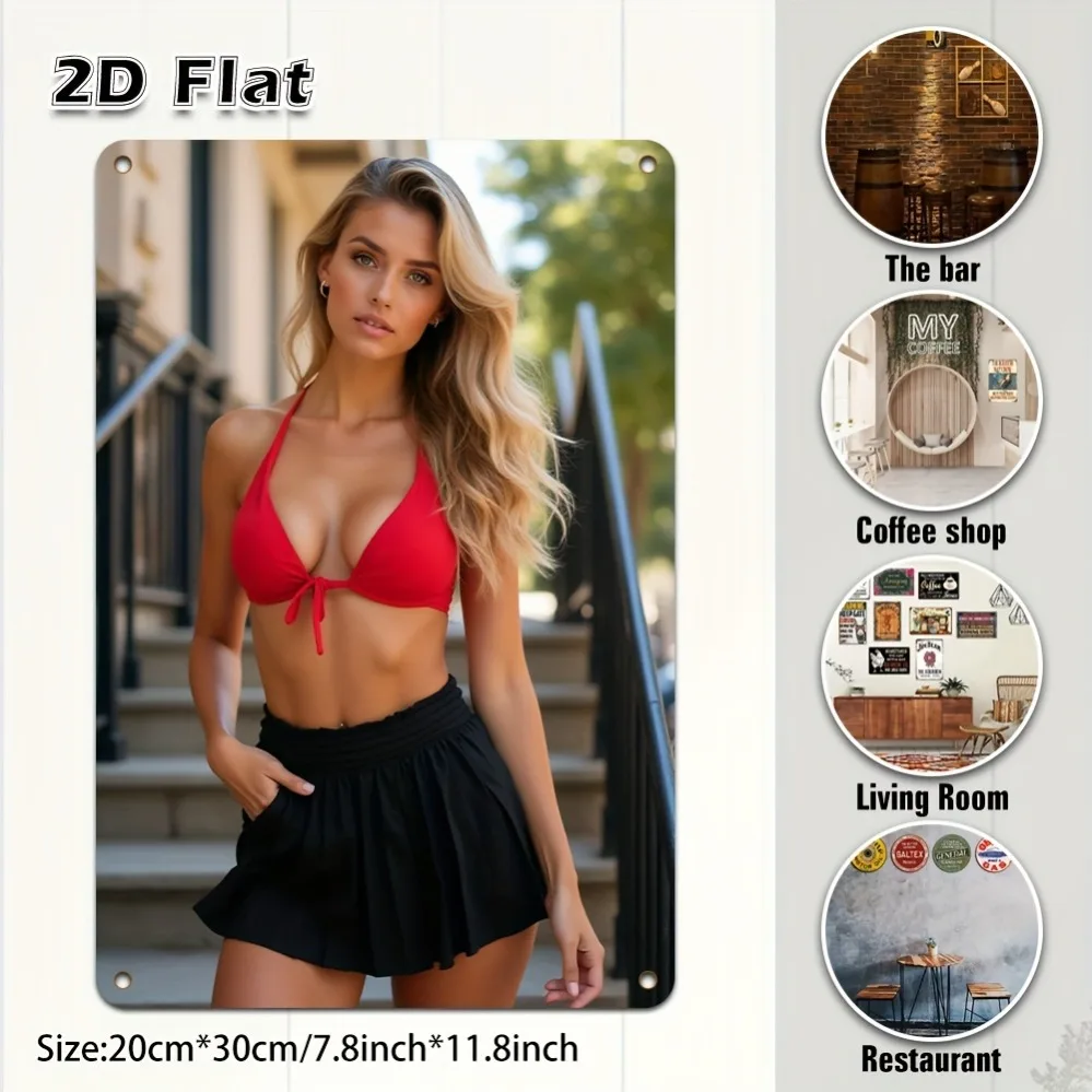 Retro-Metallblechschild, Porträt einer blonden Frau mit rotem Bikinioberteil und schwarzem Rock, glamouröse Wanddekoration