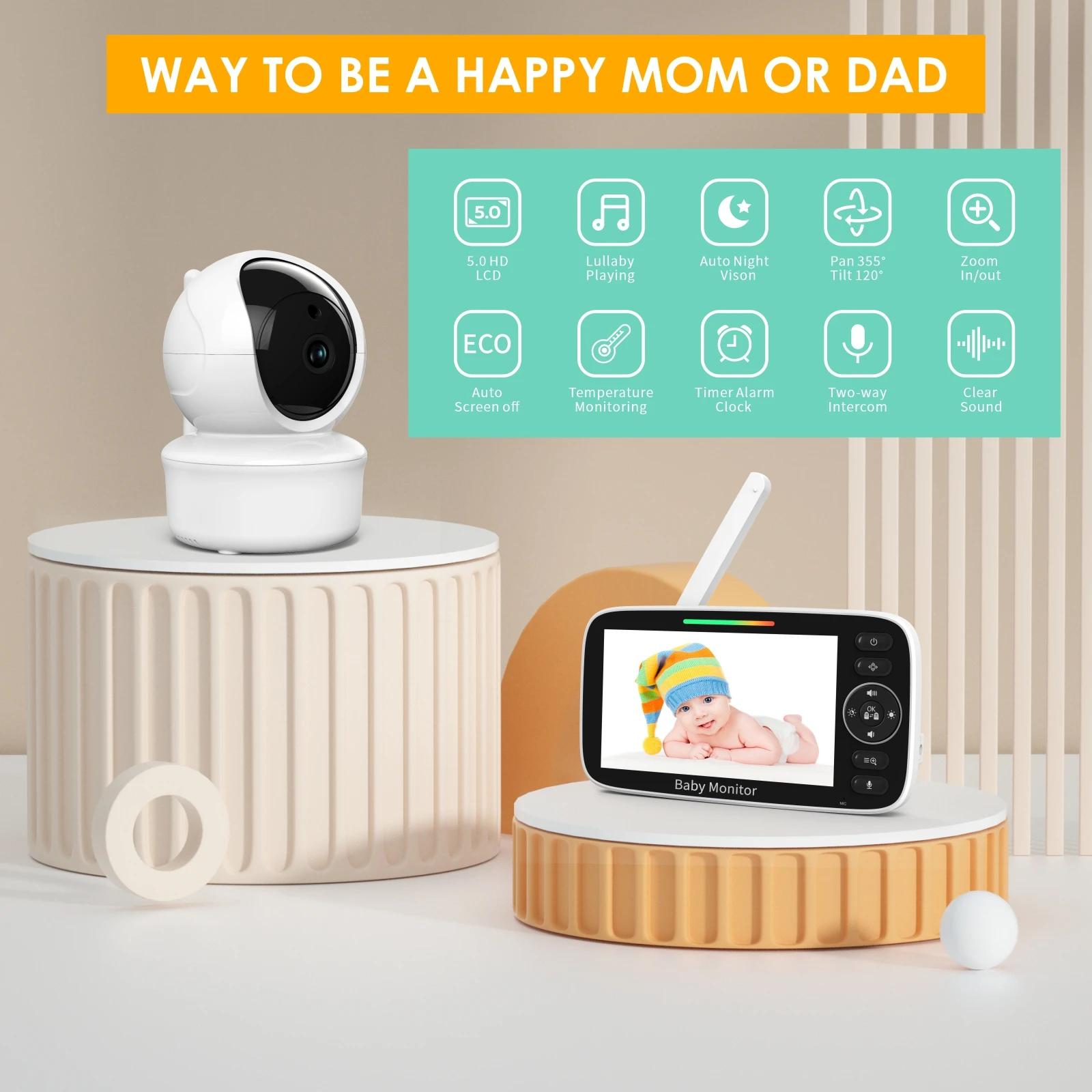 SM530A Baby Monitor 5 inch HD Rotating Baby Monitor Wireless Shaking Head Camera Night Vision Intercom Lullaby Baby Safety