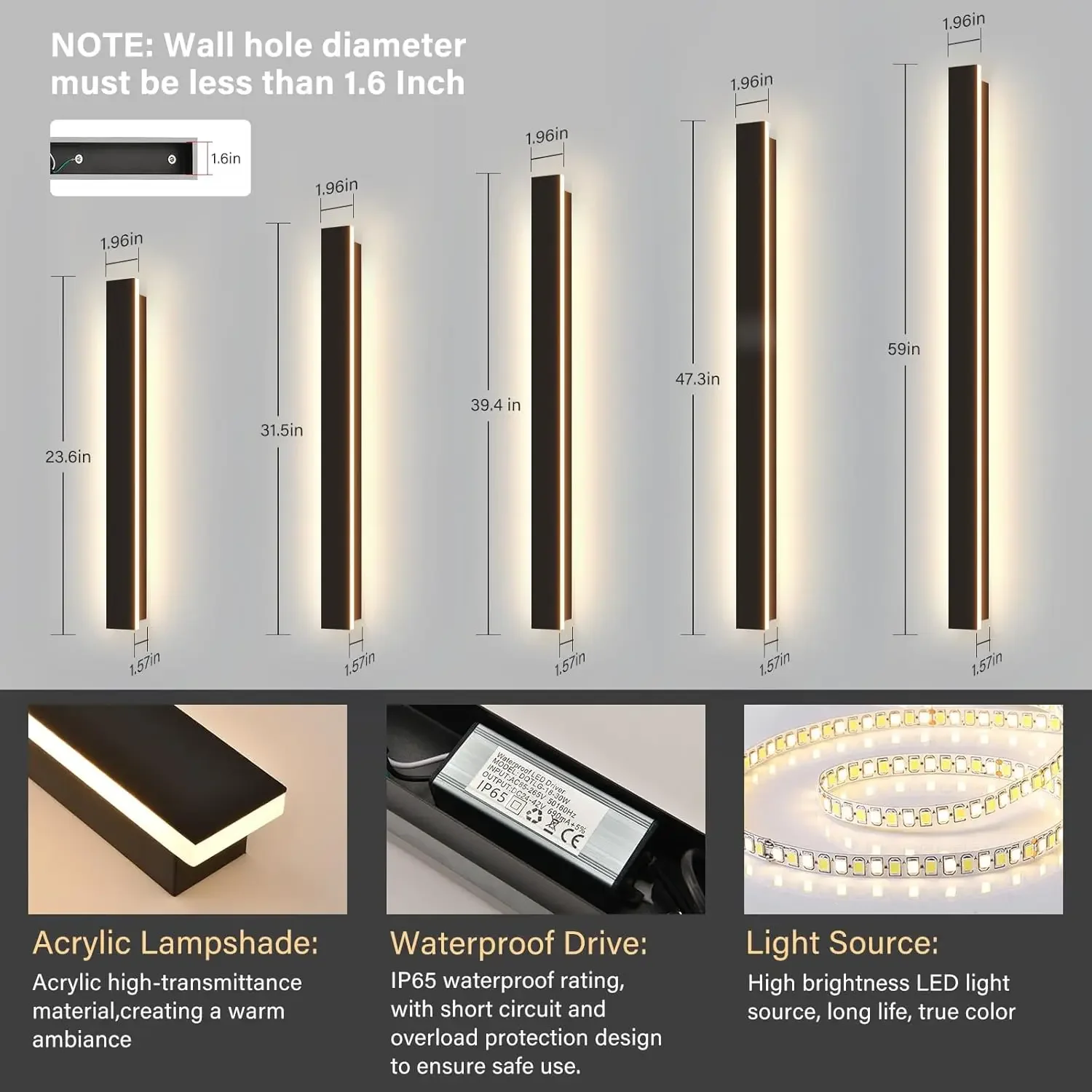 Accesorio de luces de tira larga impermeable IP65 de pared exterior lineal para iluminación exterior de porche para puerta delantera de Patio