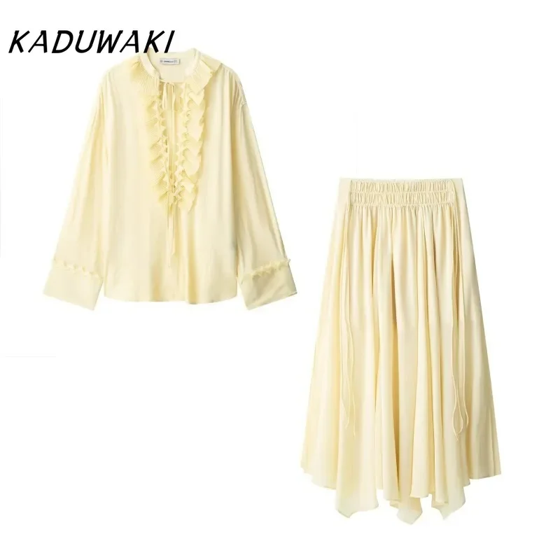 

KADUWAKI Women Elegant Skirt Suit Solid Long Sleeves Lace Loose Shirt Zipper Pleated Pull Rope Decoration Casual Long Skirt Set