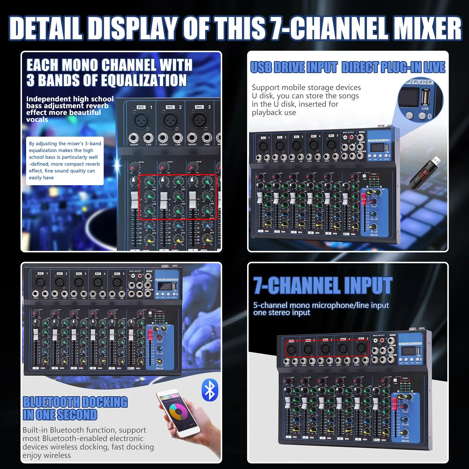 Audio 7 canali, Mixer Audio USB scheda Mixer Audio, Mixer Audio professionale scheda Audio Console Desktop con Bluetooth Wireless