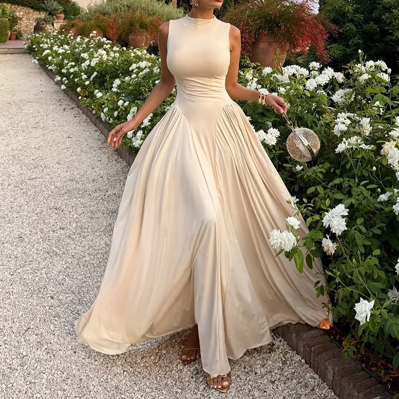 Lady Elegant Hollow Out Prom Gown Temperament O-neck Sleeveless Pleated Evening Dress Sexy Slim Solid Color Big Hem Long Dress