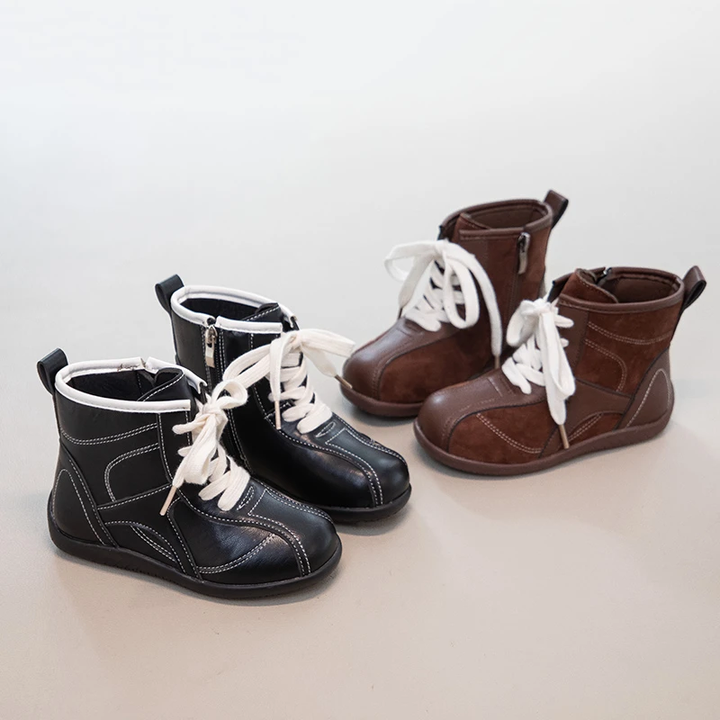 

Модные детские ботинки в британском стиле, осенние и зимние новые теплые ветрозащитные ботинки с декоративной повседневной строчкой автомобиля.