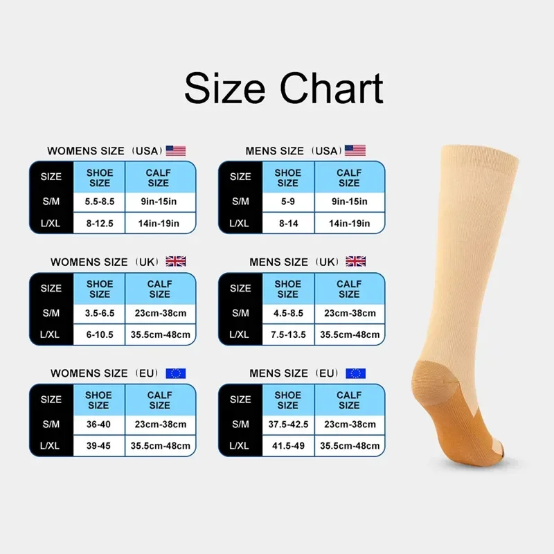 2 Pairs Compression Socks Women Men Varicose Copper Anti Fatigue Pain Relief Graduated Unisex  Stockings Knee High 15-20 MmHg