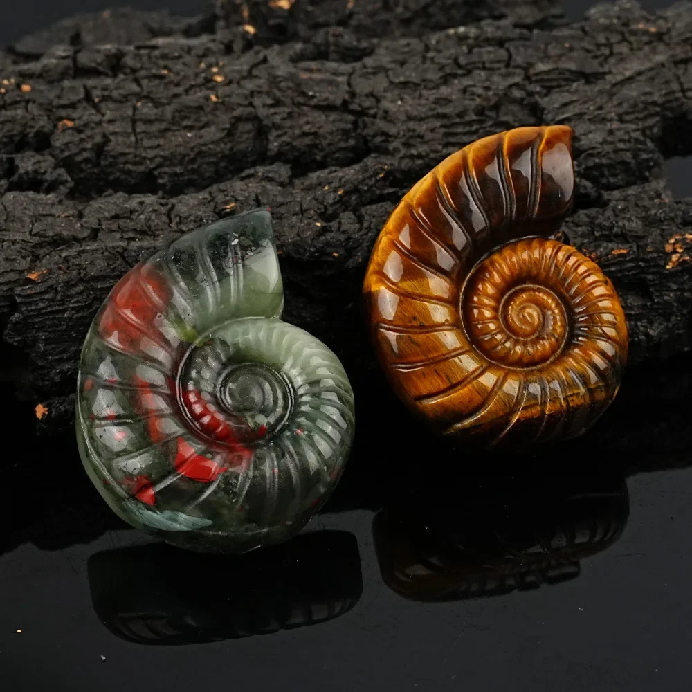 Tiger Eye & Rock Crystal Snail Carvings, Handcrafted Dongling Jade Ornaments with Chrysanthemum Fossil Stone Patterns