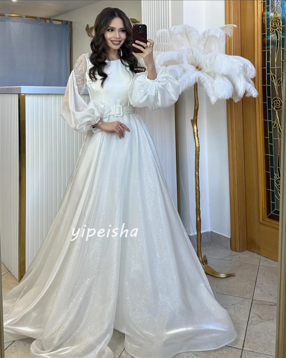 Customized   Sexy Casual  Organza Beading Sequined Sash Birthday Ball O-Neck Bespoke Occasion Gown Long Dresses