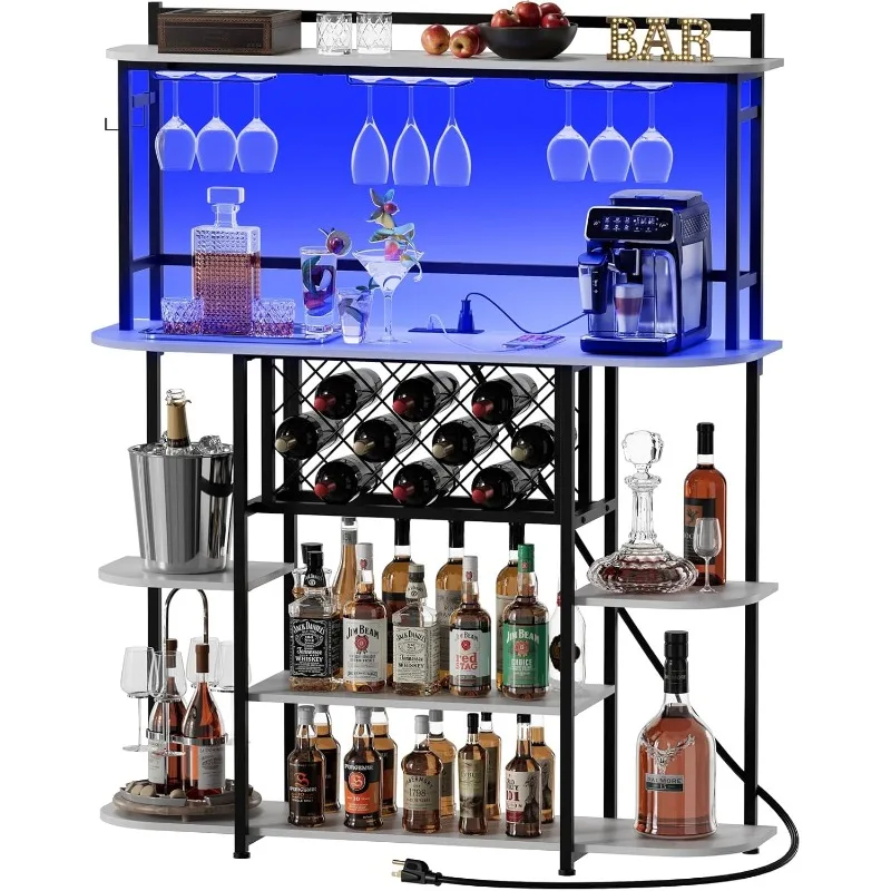 Wine Bar Table with LED Lights, Power Outlets, 47in Bar Table Cabinet with Wine Racks, Glass Holder, 5-Tier Metal Liquor