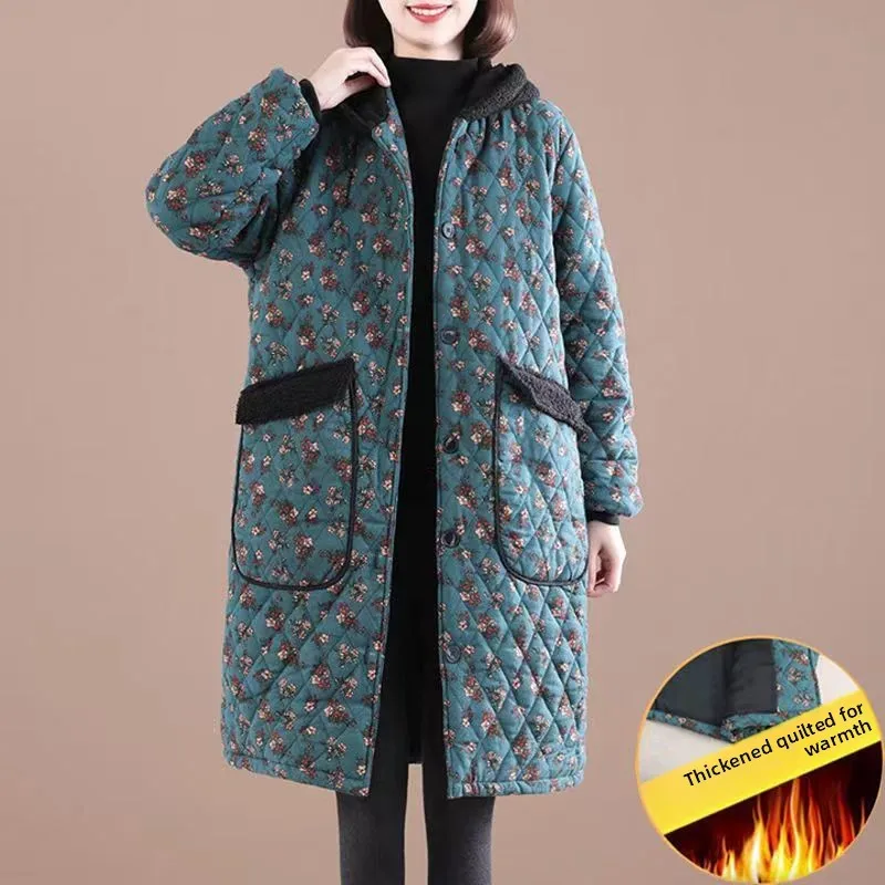 Thiened Warme Baumwolle Jaet Frauen Winter Neue Lose Große Größe Casual Druck Polyester Faser Gefüllt Mantel Mit Kapuze Mid-Länge