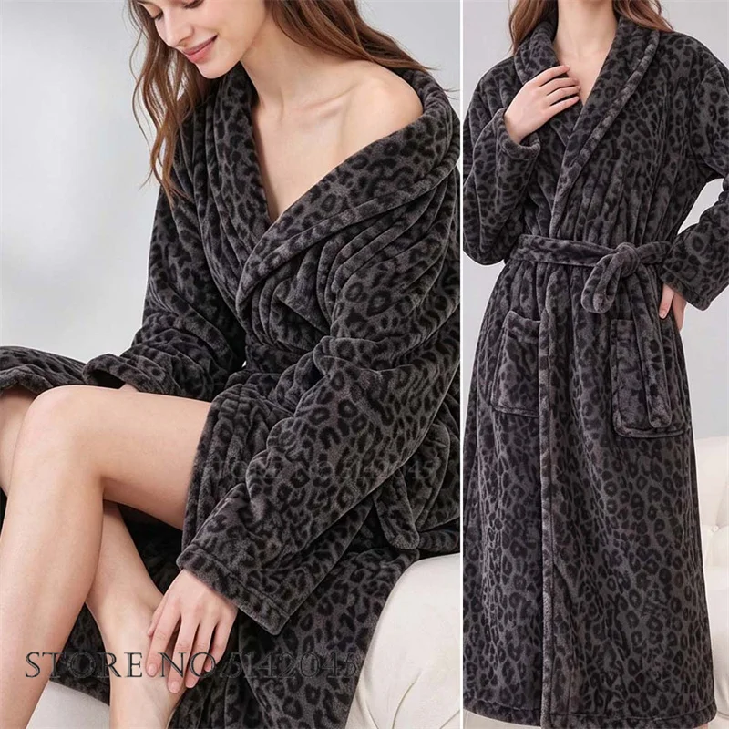 Sexy Leopard Flannel Long Robe Home Dressing Gown Autumn Winter New Women's Sleepwear Thicken Coral Fleece Loungewear Nightgown