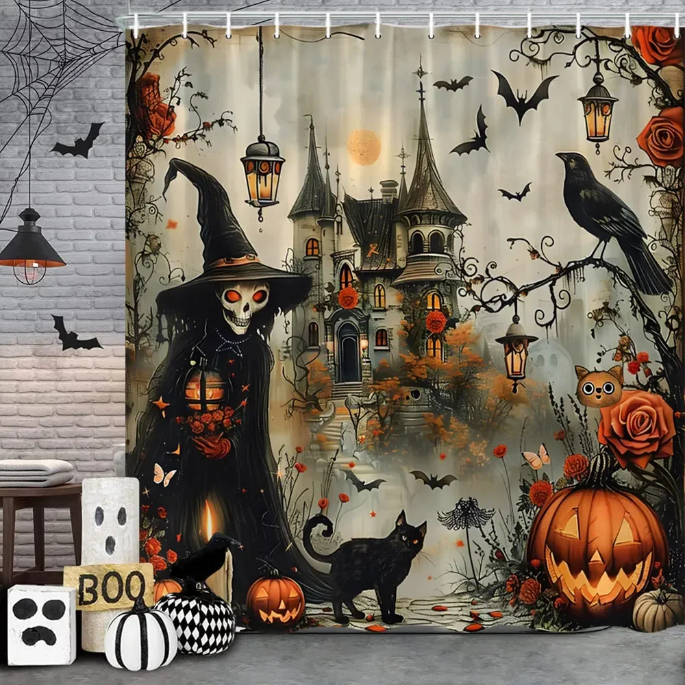 Spooky Horror Halloween Skeleton Crow Shower Curtain Black Bat Black Cat Polyester Fabric Bath Curtain Bathroom Decor With Hooks