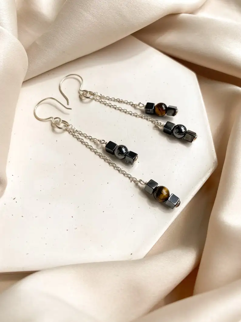 Geometrical fidget earrings, Long sterling silver earrings, Tigers eye & hematite handmade stone earrings, Anxiety relief