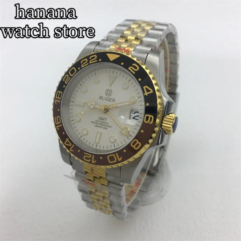 40mm men's gold and silver color diving mechanical watch NH34 GMT features white dial gold hands ceramic bezel sapphire glass
