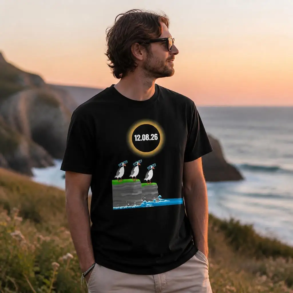 12 August 2026 Solar Eclipses Lover Puffins T Shirts Casual Tees Short Sleeve Round Collar T-Shirt Pure Cotton Tops