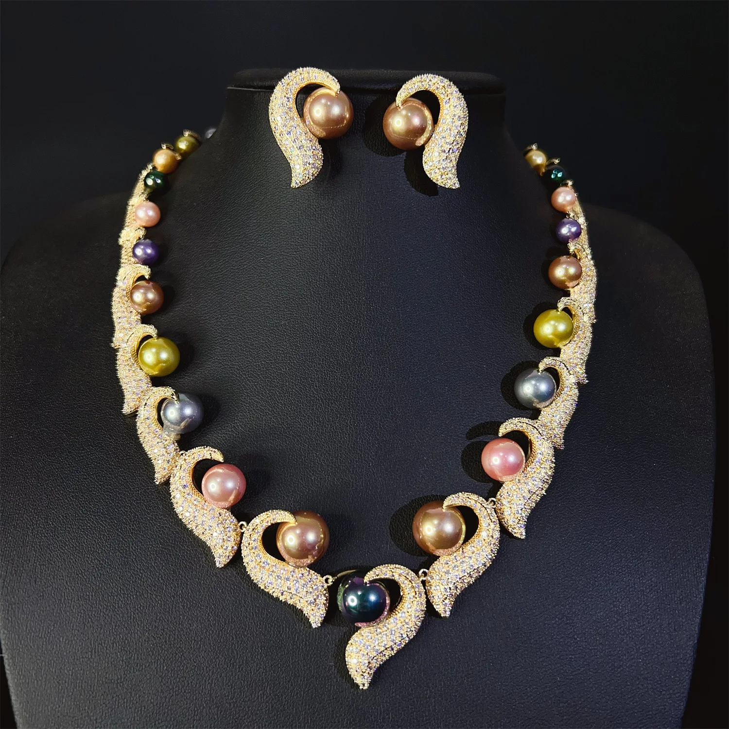 Classic Sparkling Unique Ladies Jewellery Multi Colour Pearl Necklace Earrings 2 Pcs Banquet Prom Daily Party Event Bridal M-521