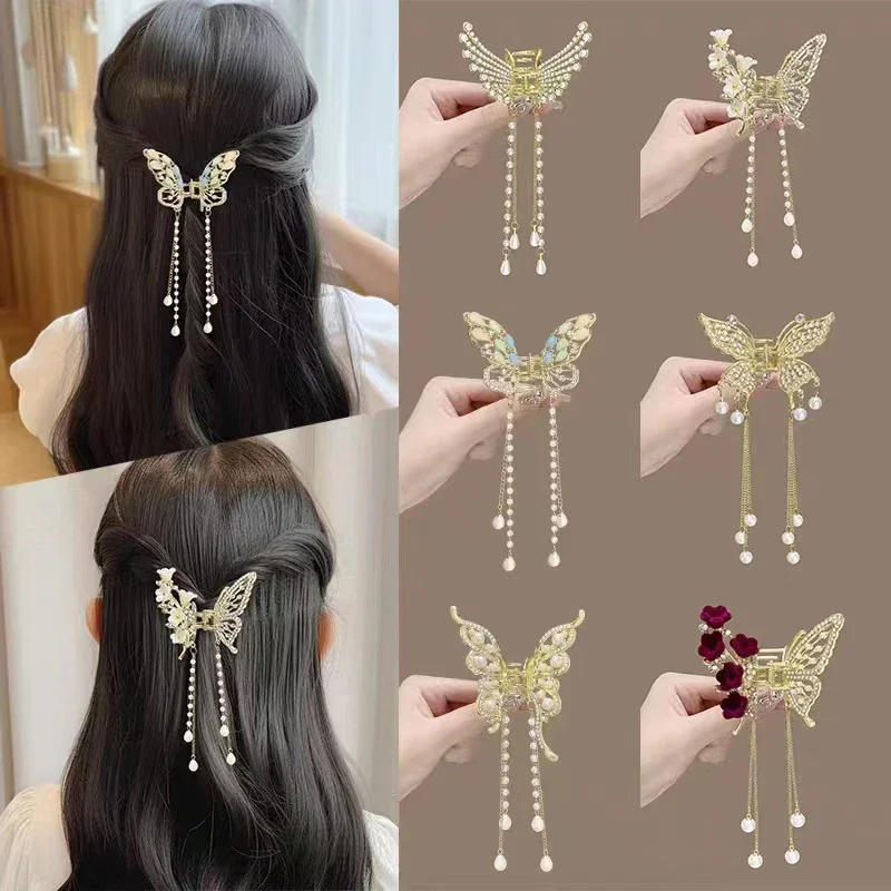 Exquisite Rhinestone Butterfly Fringe Hair Claw Clips Korean New Ponytail Braid Pearl Hairpin Girl Crab Metal Headdress Gift