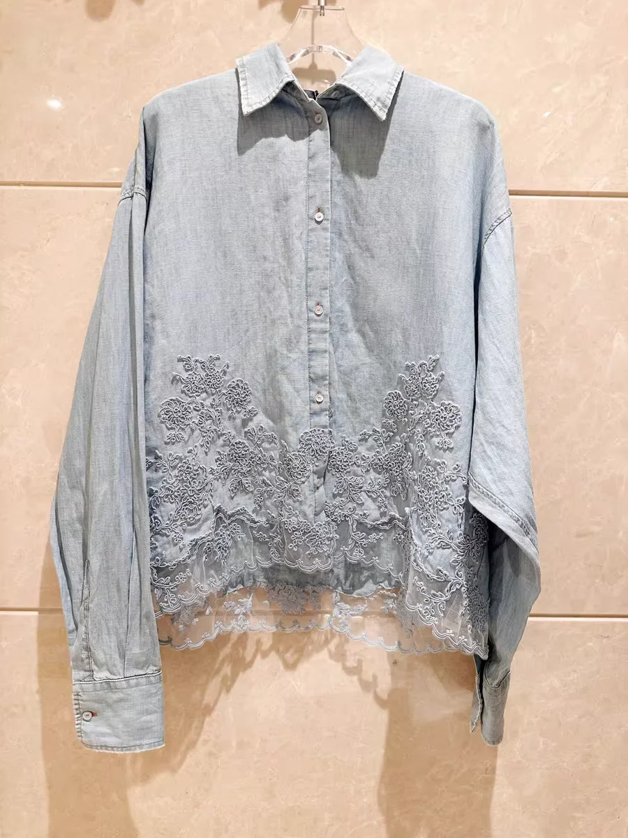 

2026 Spring Autumn Loose Top Fashion Women's Blue Cotton Shirt Elegant Office Ladies Embroidered Lace Blouse