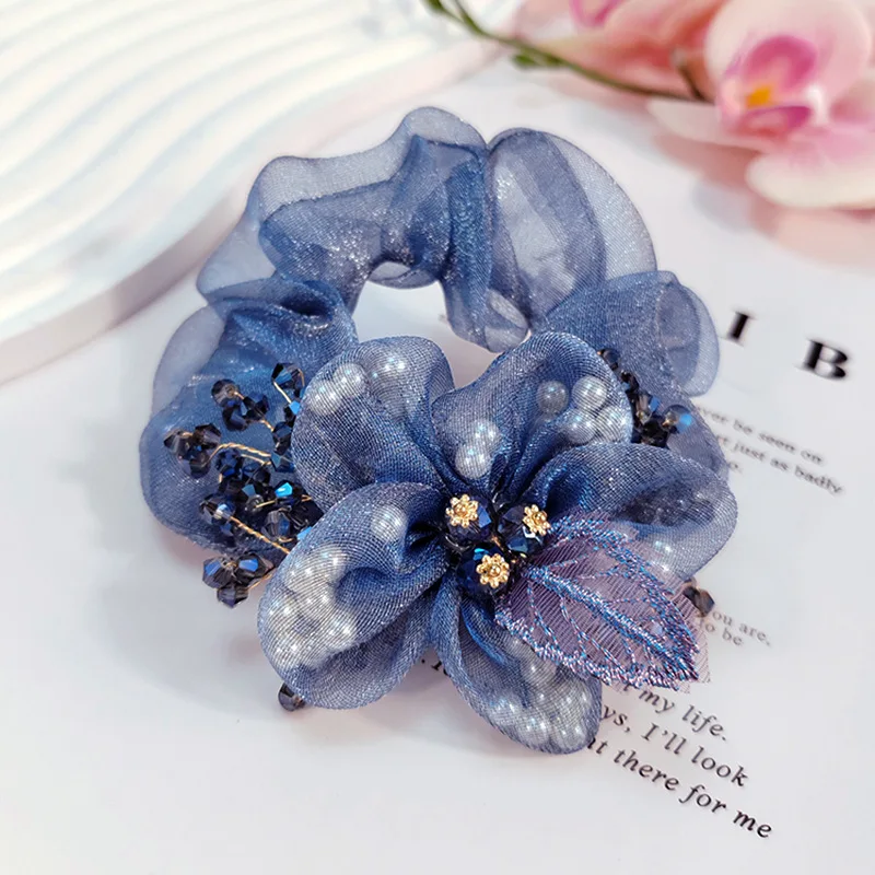 Neue Organza-Blumen-Accessoires Coletero Grande Para Cabello Scrunchies Kroattoкики Волос Kristall-Haarseil für Damen – Detail 9