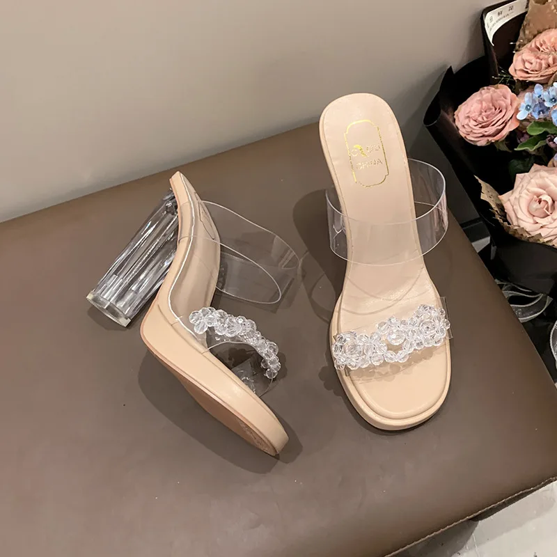 شباشب شفافة أحذية بكعب عالي سيدة كعب مربع بريق الشرائح شباشب على الموضة النساء الصنادل الفاخرة عالية الكعب #4