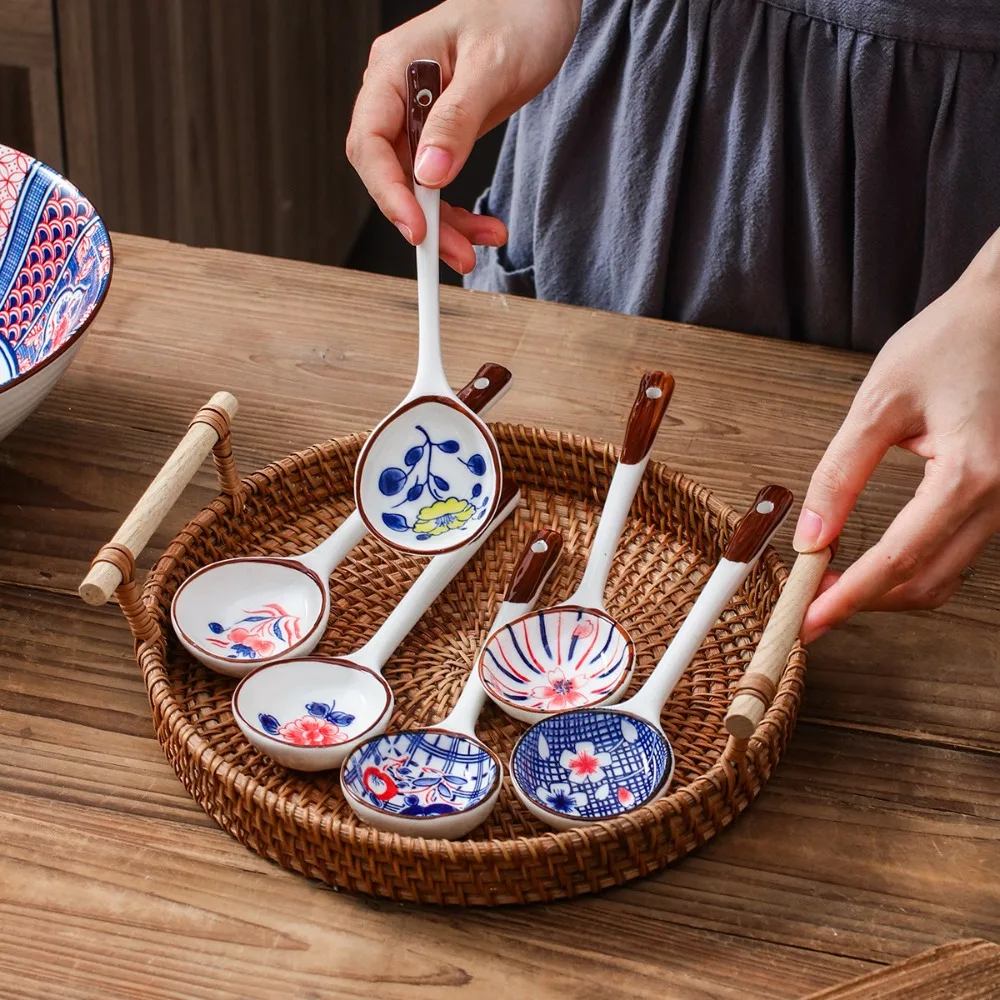 

Japanese Style Ceramic Soup Spoon Gift Set Hand-painted Heat-resistant Dessert Spoon Long Handle Ramen Miso Soup Spoon Present