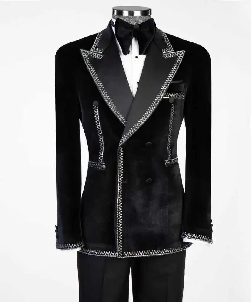 Modern Velvet Men Suits 2 Piece Coat Pants Groom Crystal Neck Suit Business Blazer Pants Wedding Prom Party Jacket Customized