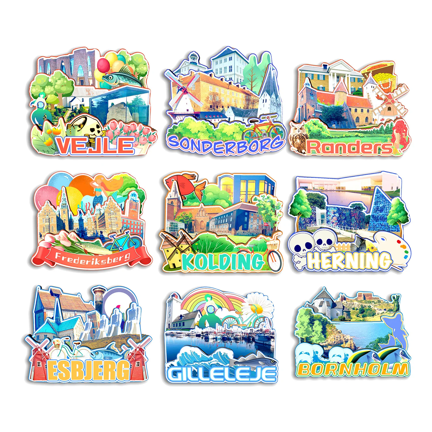 

Bornholm Gilleleje Esbjerg Herning Frederiksberg Randers Sonderborg Vejle Kolding DENMARK Fridge Magnet Travel Souvenir Gift