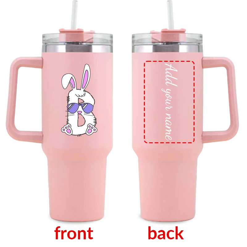 40oz Pink Color Customized Name Insulated Cups with Handgrip Print Easter Bunny Party Gift for Friend Stainless Steel Coffee Cup