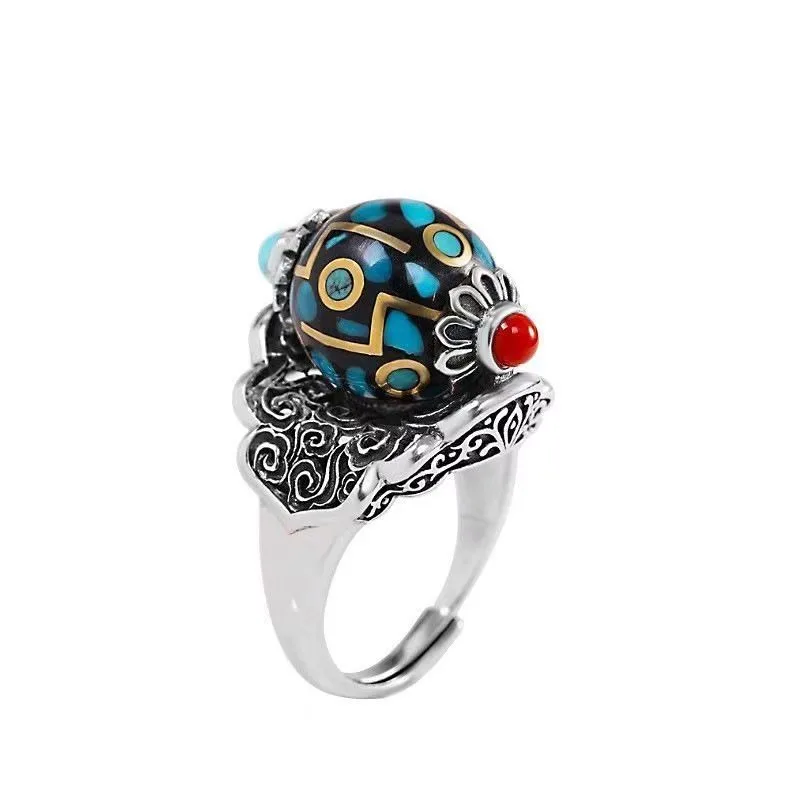 Ethnic Retro Rotatable Nine-Eyed Dzi Bead Open Ring With Turquoise Lucky All-match Unisex Statement Ornament