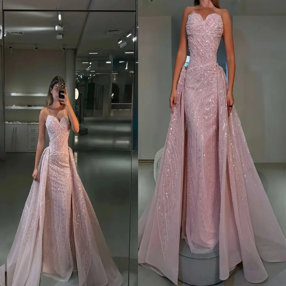 

Luxury Sweetheart Collar Sparkly Beading Evening Dress Mermaid Backless Arab Party Gown with Detachable Train Custom Made