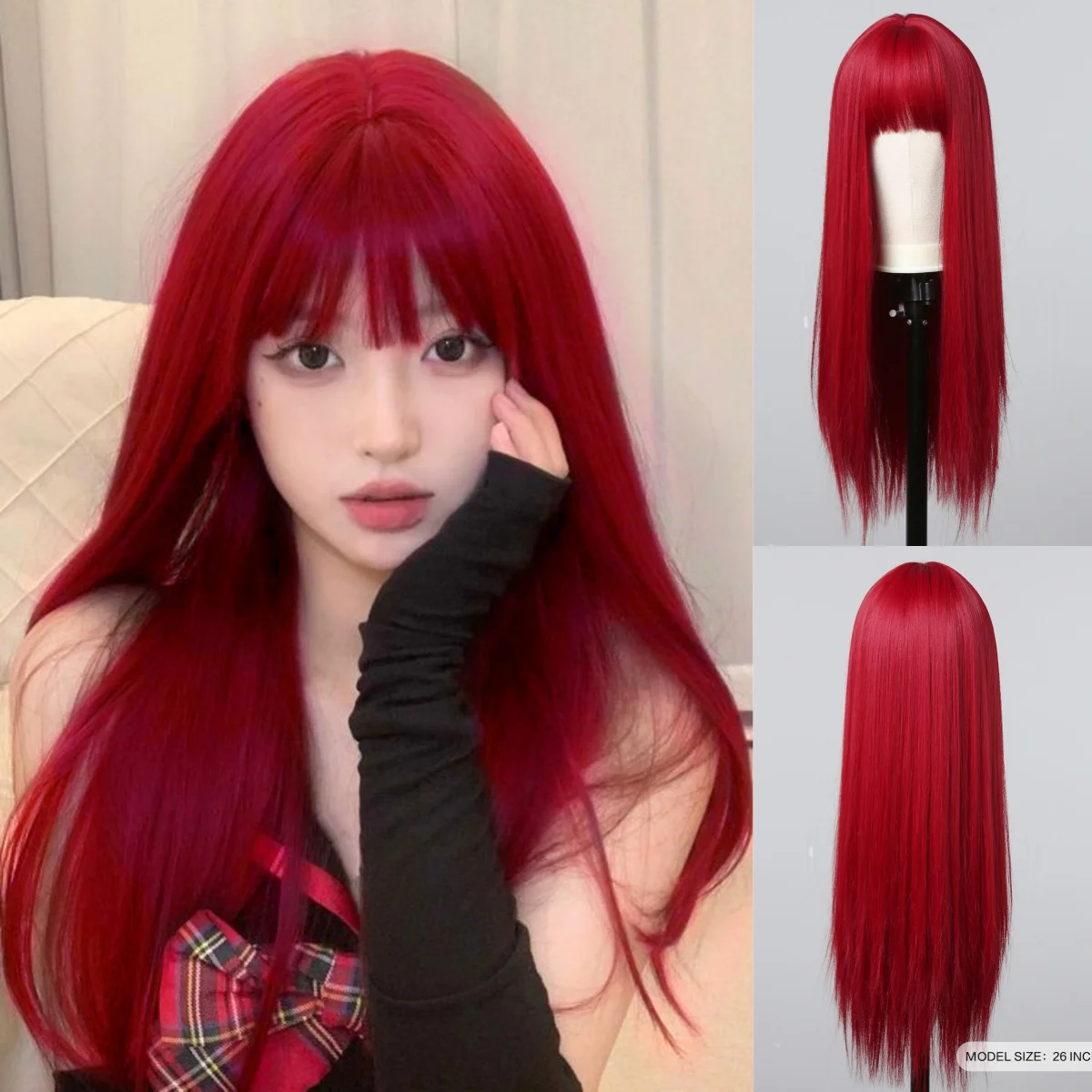 

Long Straight Wine Red Synthetic Hair Wigs Long Silk Burgundy Wig with Bangs for Women Cosplay Lolita Daily Wig Heat Resistant