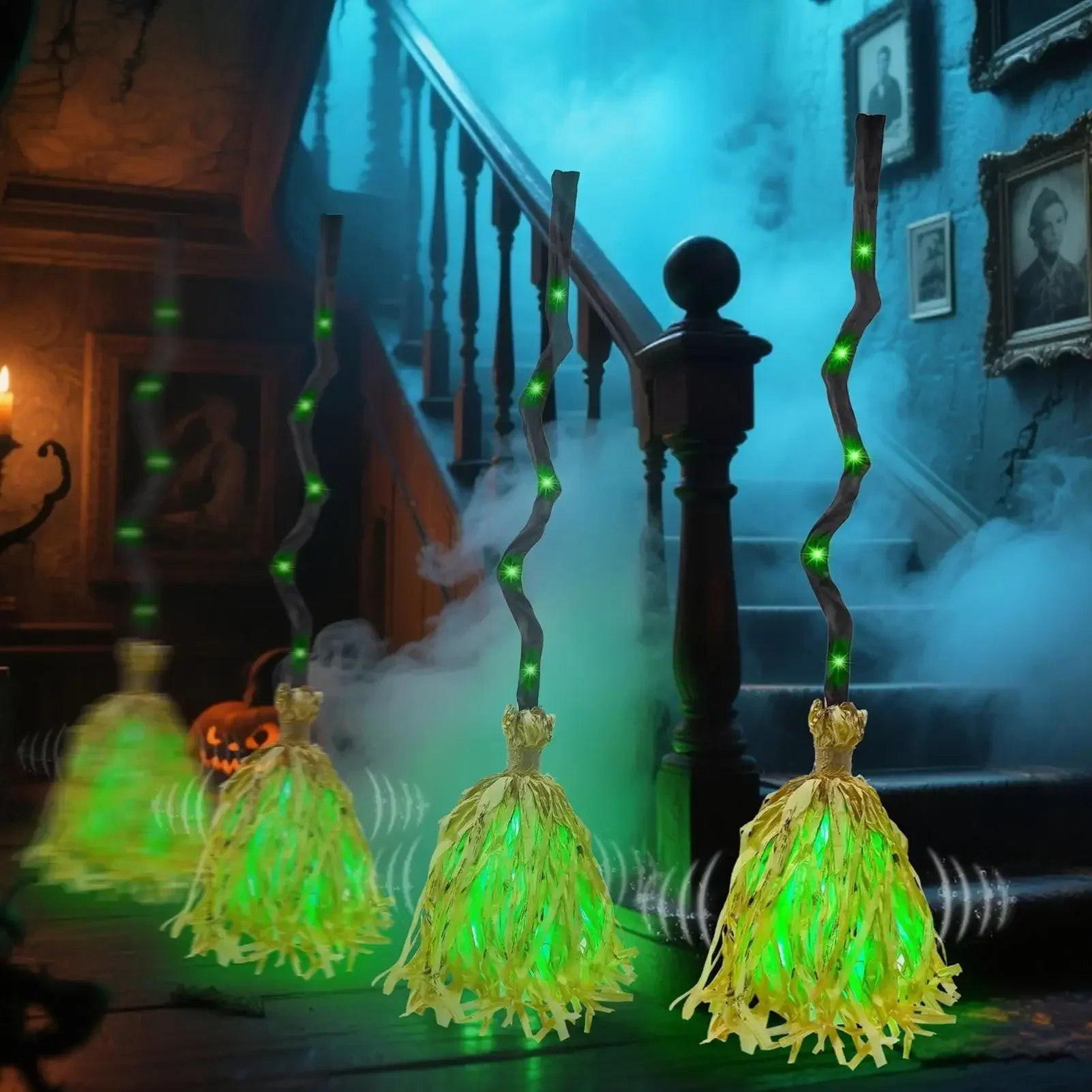 1/2/4 Stück animierter leuchtender Hexenbesen, der mit unheimlichen Geräuschen tanzt, Halloween-Zauber-Requisite für Spukhaus-Partyraum – Detail 5