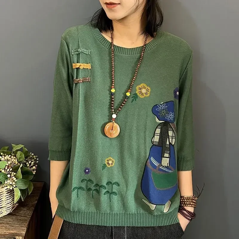 

Women High Street Embroidered Pullovers Elegant Jacquard Weave All-match Tops Summer New Round Neck Half Sleeve Fashion Sweater