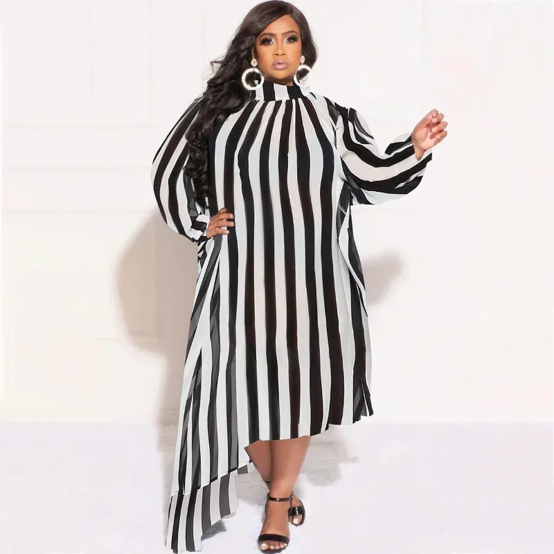 

KEXU Plus Size Women Spring Dresses Fashion Wave Striped Lantern Long Sleeve Loose Asymmetrical Maxi Long Dress Streetwear