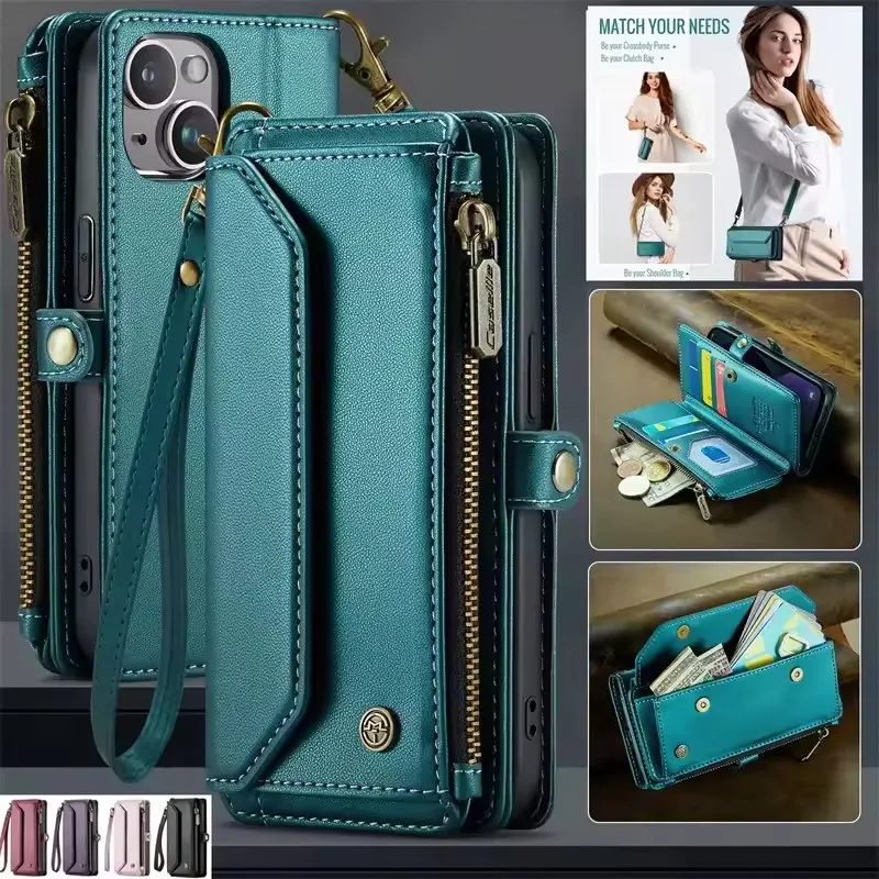 

Crossbody Wallet Phone Case For iPhone 17 Air 16 12 13 Mini 14 11 15 Pro Max Plus iPhone16 17 iPhone15 Lanyard Leather Cover