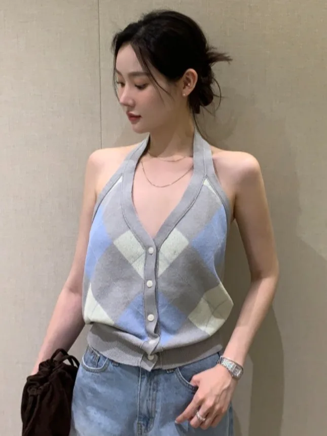 

Design Sensation, летний новый винтажный женский вязаный жилет для колледжа Ne Hanging Diamond id Bal Top Color Blo