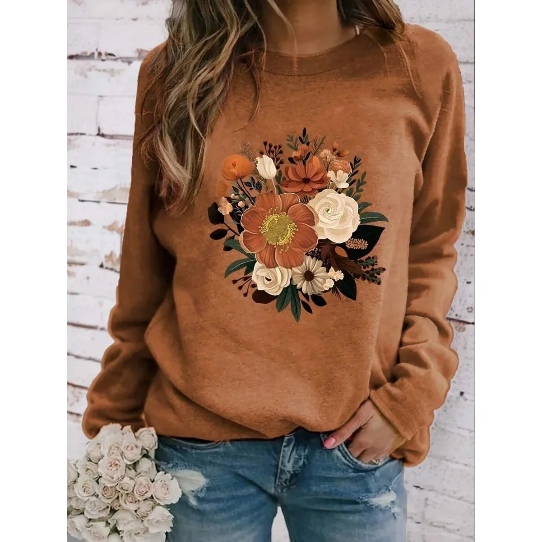 

Модный женский свободный повседневный женский топ с длинным рукавом и цветочным принтом, новый стиль, с круглым вырезом, спортивный удобный женский топ из полиэфирного волокна