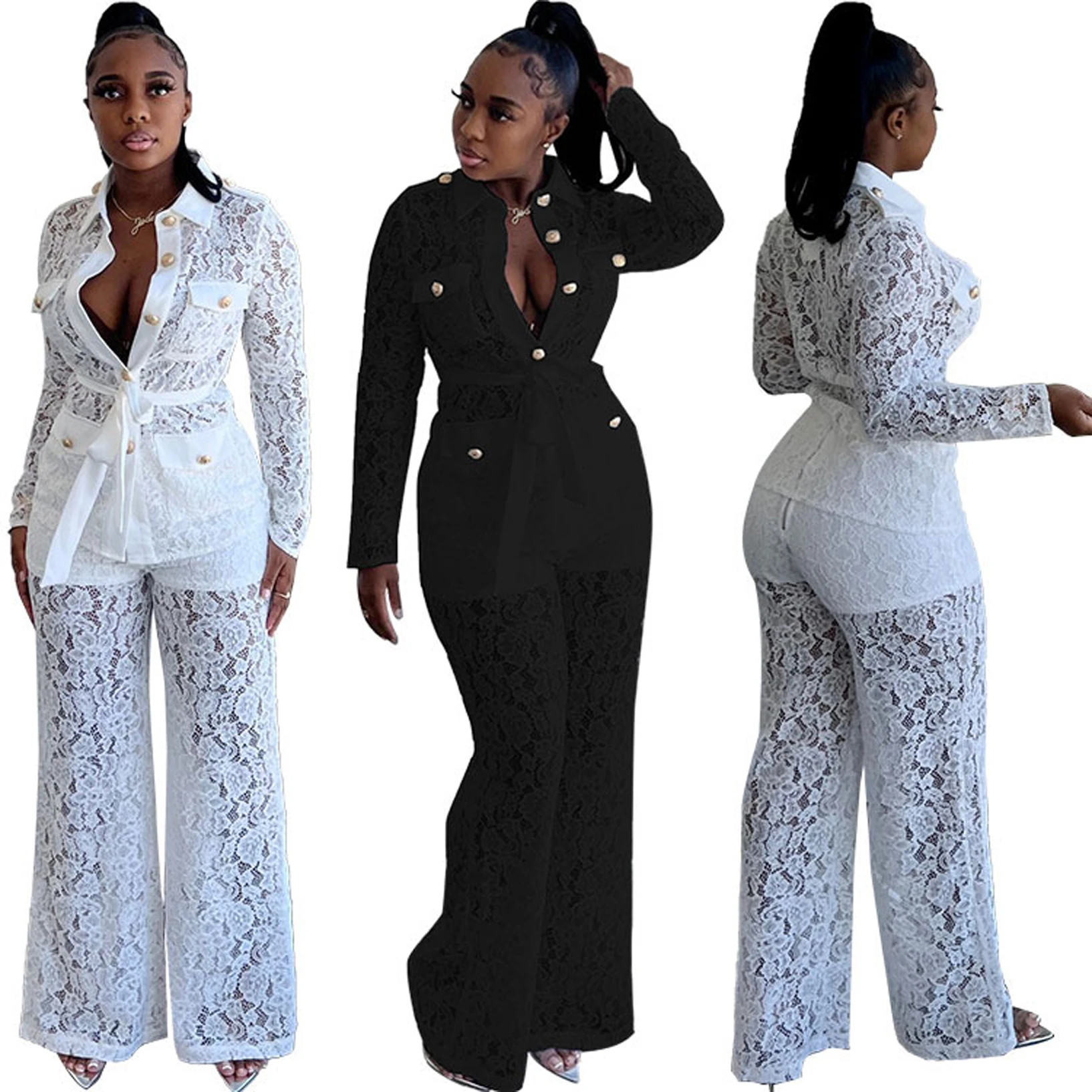 Fall Lace Mesh White Two Piece Set Hollow Out Long Sleeve Top Pockets Button Casual Pant Women Elegant Sexy Luxury Outfits