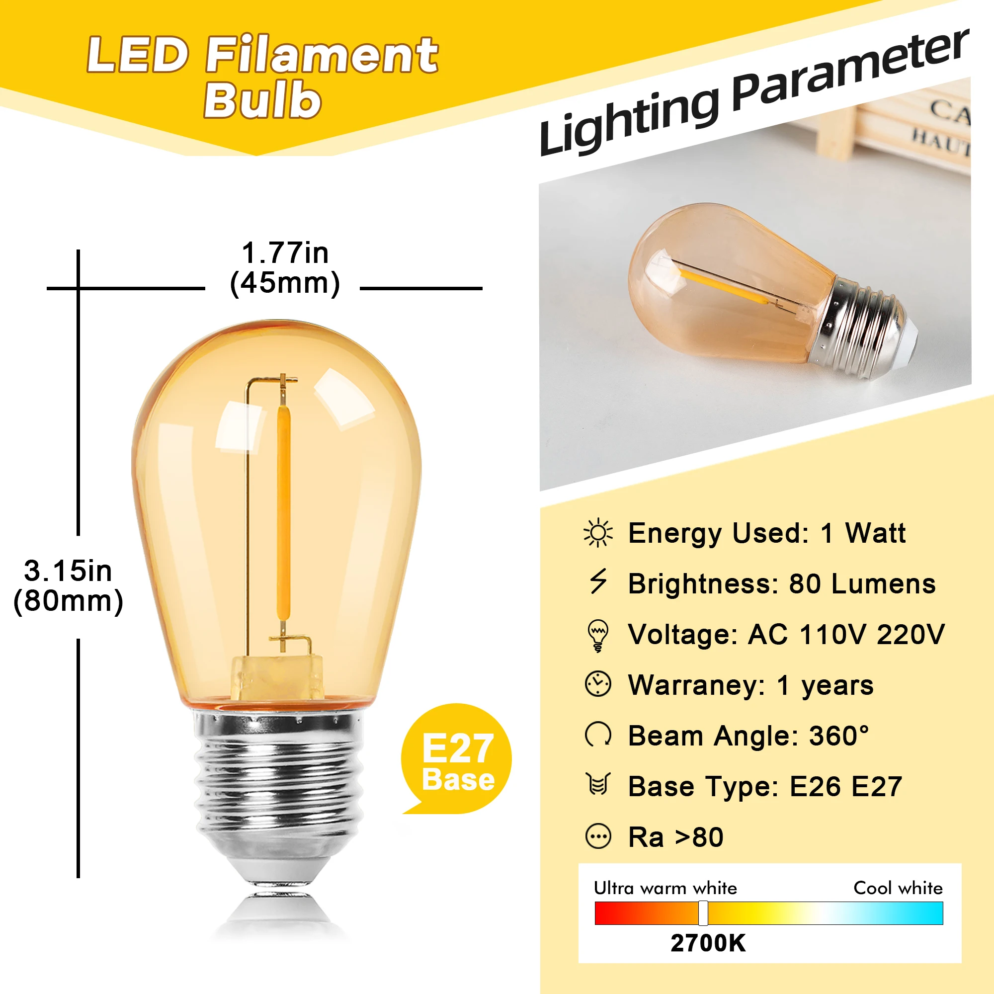 E27 LED Edison Light Bulb S14 1W Amber Plastic Shatterproof 10W Equivalent Incandescent Bulb Dimmable String Light Replace Bulb