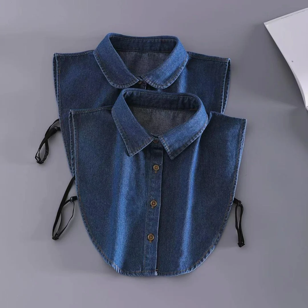 Fake Denim Pointed Light Blue Sweater Shirt Versatile for Autumn Winter Ruffled Elegant Temperament Detachable Collar