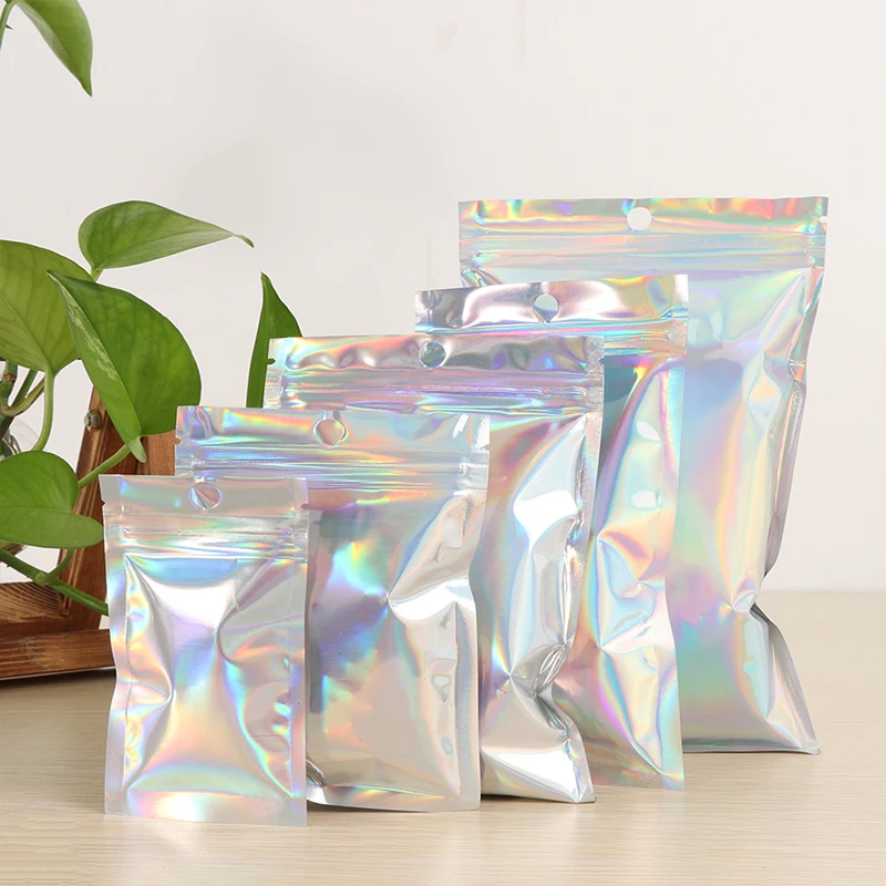 20Pcs Holographic Laser Mini Aluminum Foil Zip Lock Bags One Side Clear Flat Zip lock Bath Salt Cosmetic Bag Zipper Bags 10Sizes