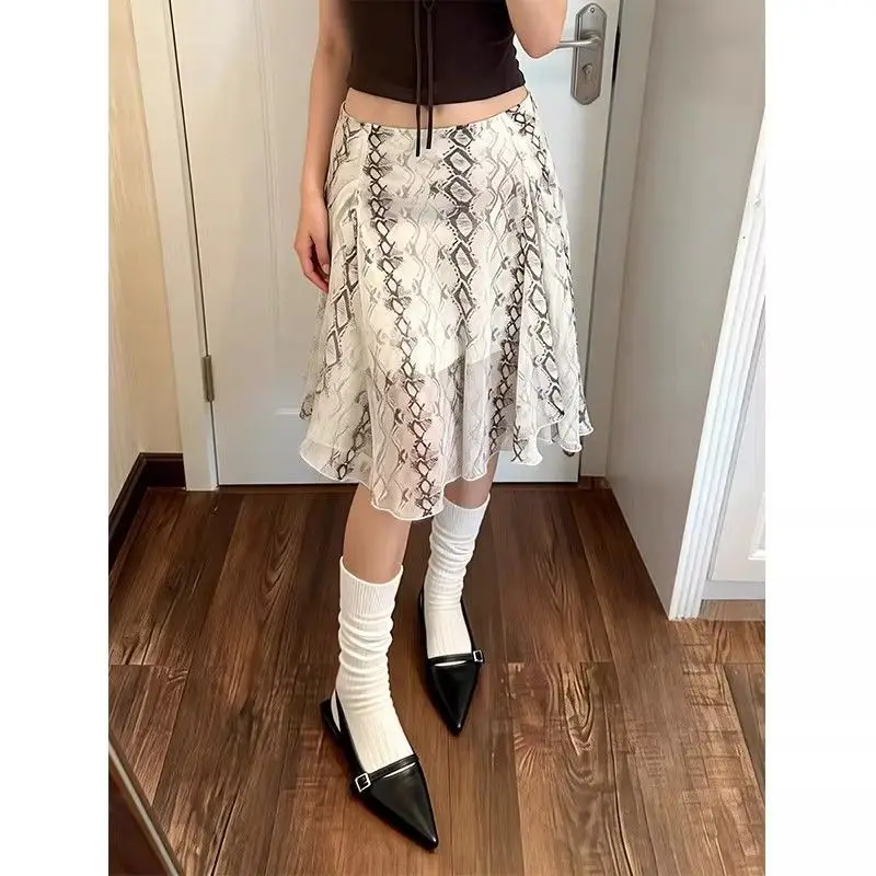 American Spice Girl Retro Leopard Print Contrasting Mid-skirt Summer Irregular Mesh Snake Print Skirt