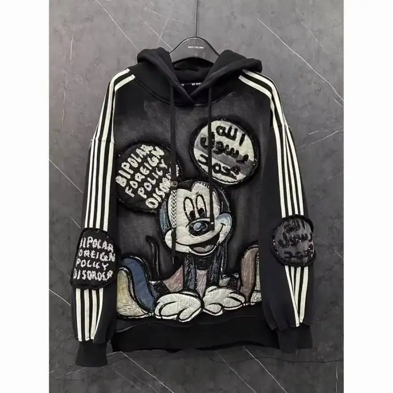 Herfst Winter Oversized Hoodie Vintage Hot Stamping Heavy Craft Mickey Patch Borduren Sweatshirt met lange mouwen en capuchon Tops